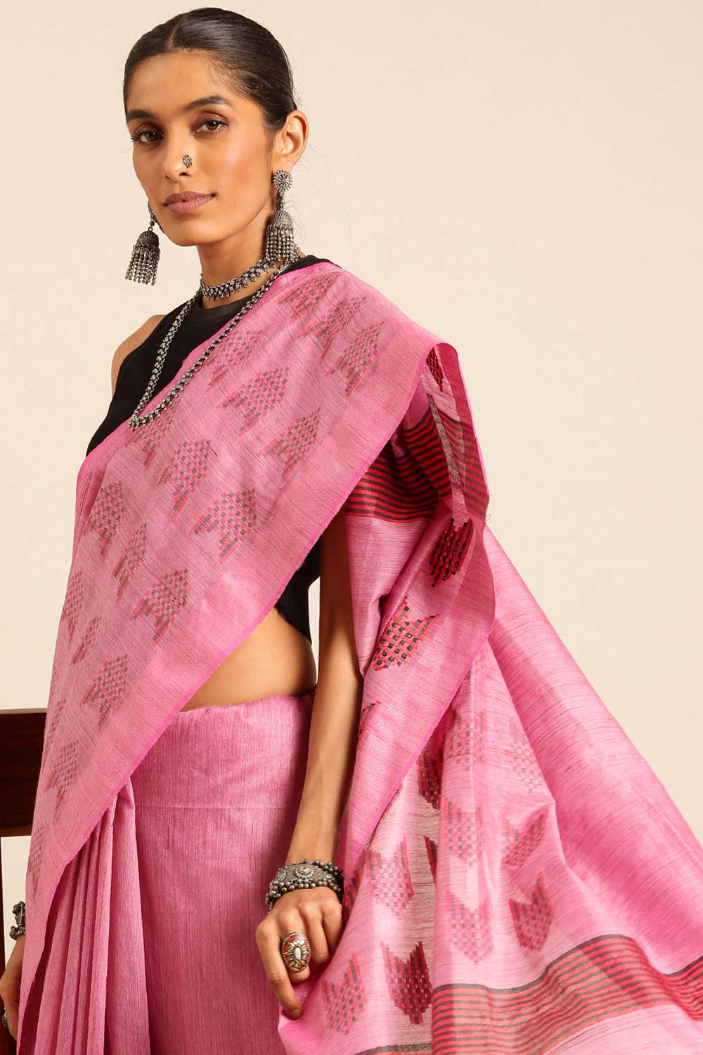 Pink Silk Blend Woven Saree