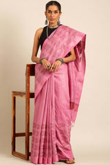 Pink Silk Blend Woven Saree