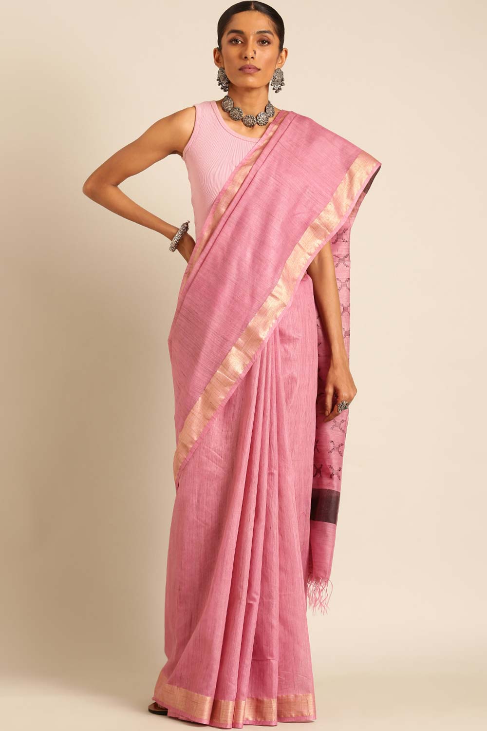 Pink Silk Blend Woven Saree