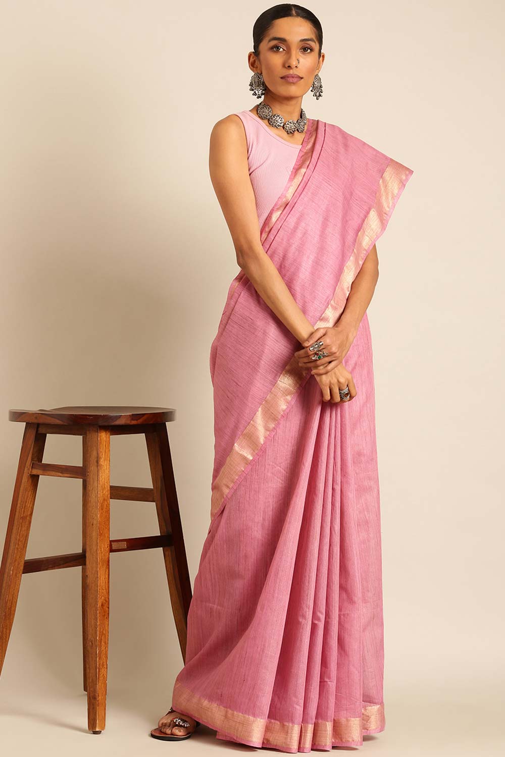 Pink Silk Blend Woven Saree