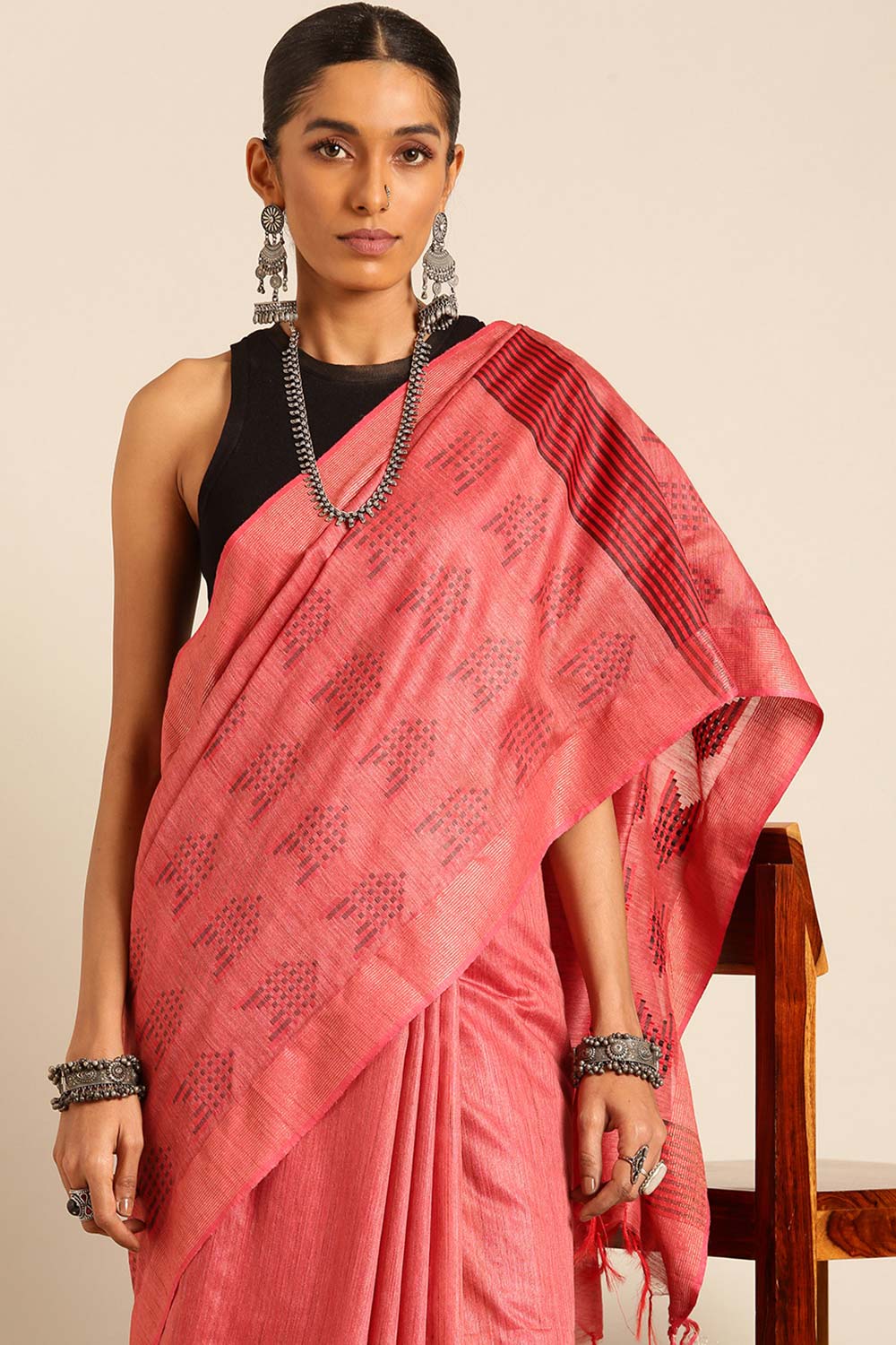 Red Silk Blend Woven Saree