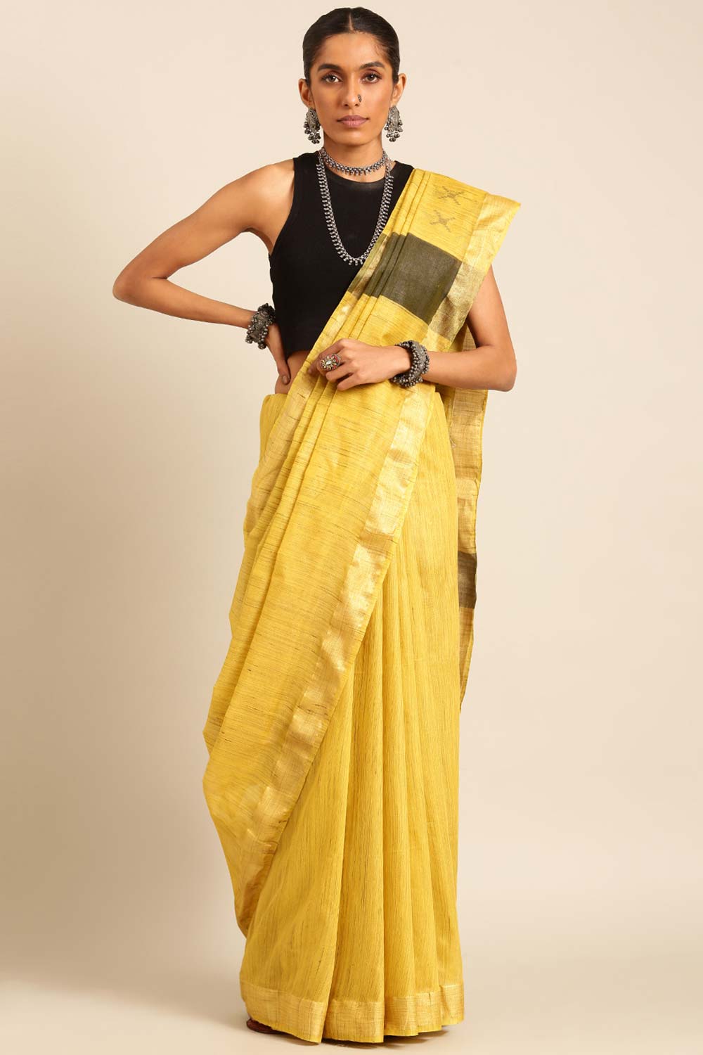 Yellow Silk Blend Woven Saree