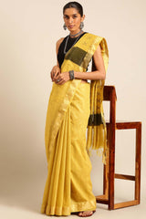 Yellow Silk Blend Woven Saree