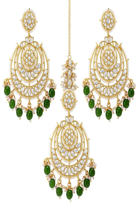 Gold Plated Traditional Big Kundan & Pearl Chandbali Earrings with Maang Tikka Set