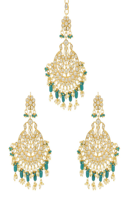 Gold Plated Traditional Big Kundan & Pearl Chandbali Earrings with Maang Tikka Set