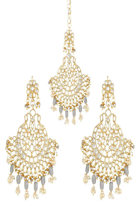 Gold Plated Traditional Big Kundan & Pearl Chandbali Earrings with Maang Tikka Set