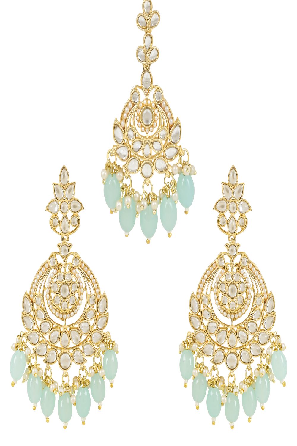 Gold Plated Traditional Kundan & Pearl Chandbali Earrings With Maang Tikka Set