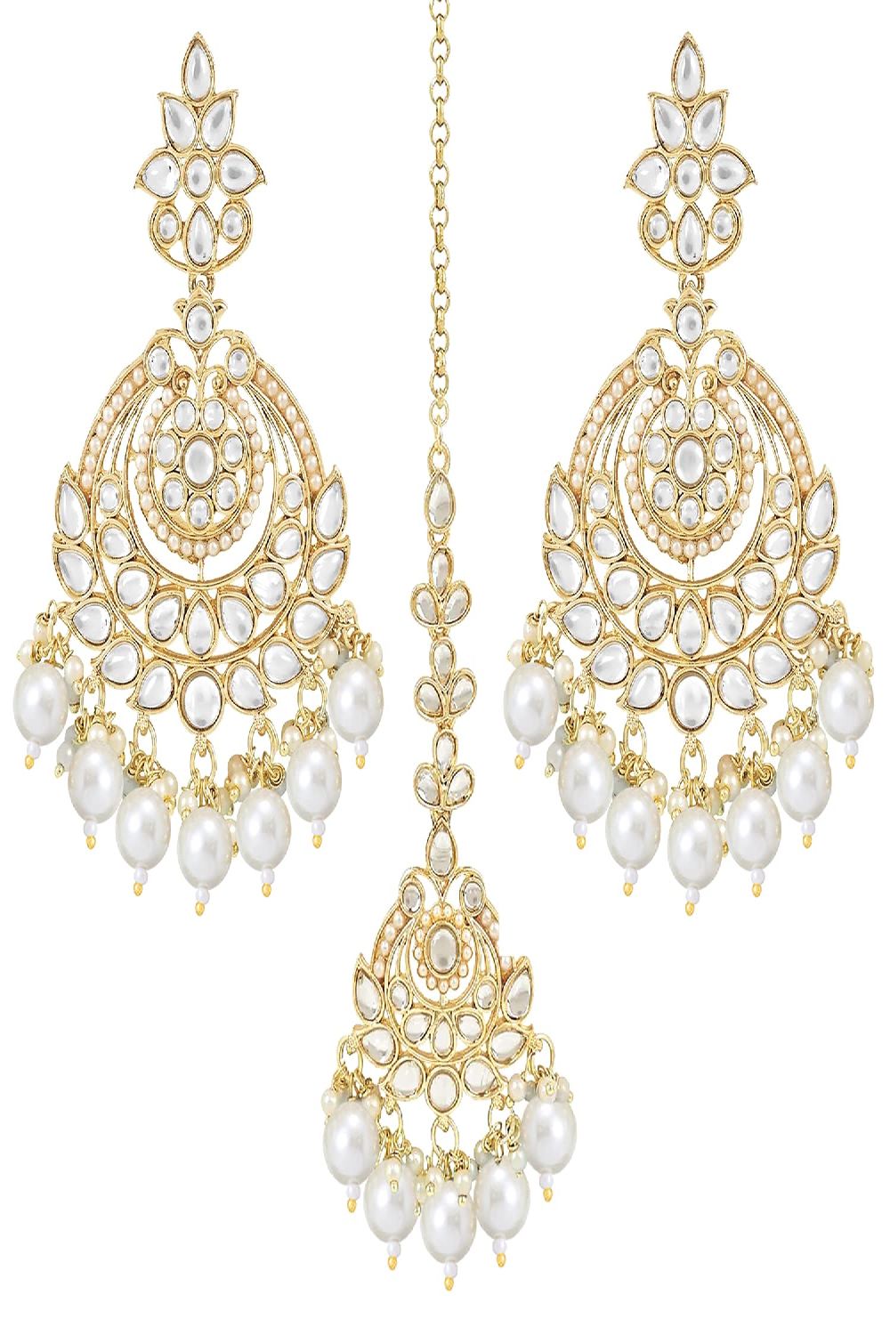 Gold Plated Traditional Kundan & Pearl Chandbali Earrings With Maang Tikka Set