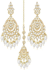 Gold Plated Traditional Kundan & Pearl Chandbali Earrings With Maang Tikka Set