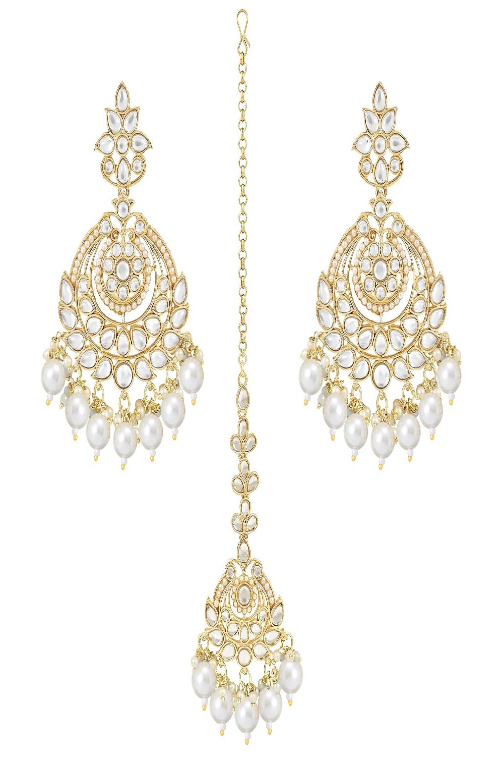 Gold Plated Traditional Kundan & Pearl Chandbali Earrings With Maang Tikka Set