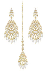 Gold Plated Traditional Kundan & Pearl Chandbali Earrings With Maang Tikka Set