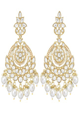 Gold Plated Traditional Kundan & Pearl Chandbali Earrings With Maang Tikka Set