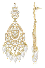 Gold Plated Traditional Kundan & Pearl Chandbali Earrings With Maang Tikka Set