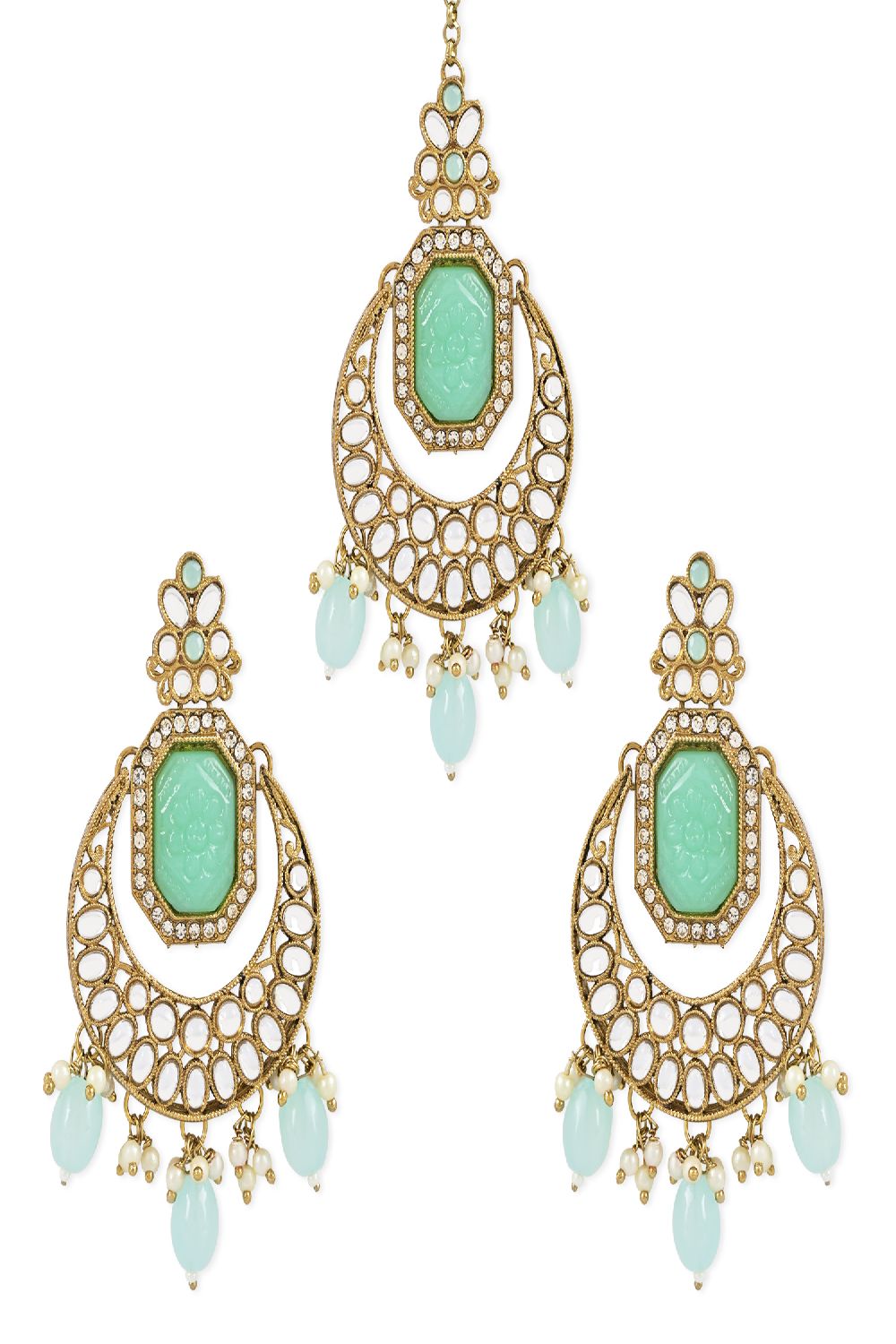 Gold Plated Traditional Pearl Hanging Kundan Stone Chandbali Earring With Maang Tikka