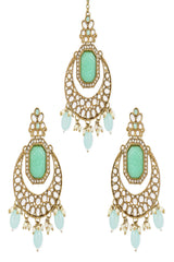 Gold Plated Traditional Pearl Hanging Kundan Stone Chandbali Earring With Maang Tikka