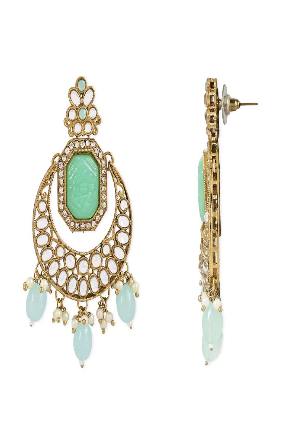 Gold Plated Traditional Pearl Hanging Kundan Stone Chandbali Earring With Maang Tikka