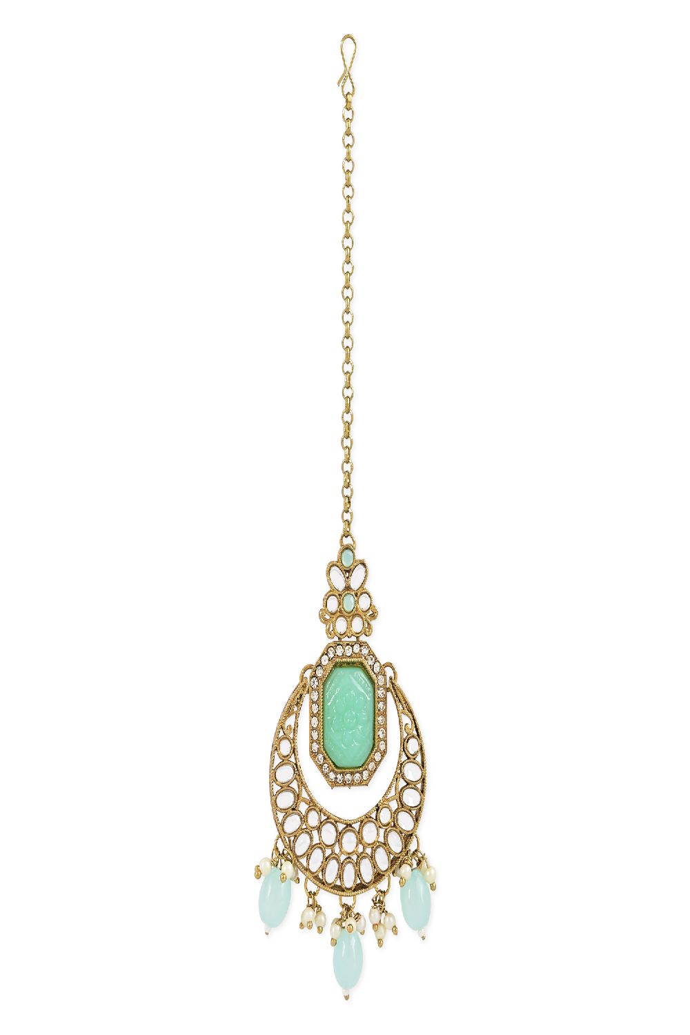 Gold Plated Traditional Pearl Hanging Kundan Stone Chandbali Earring With Maang Tikka