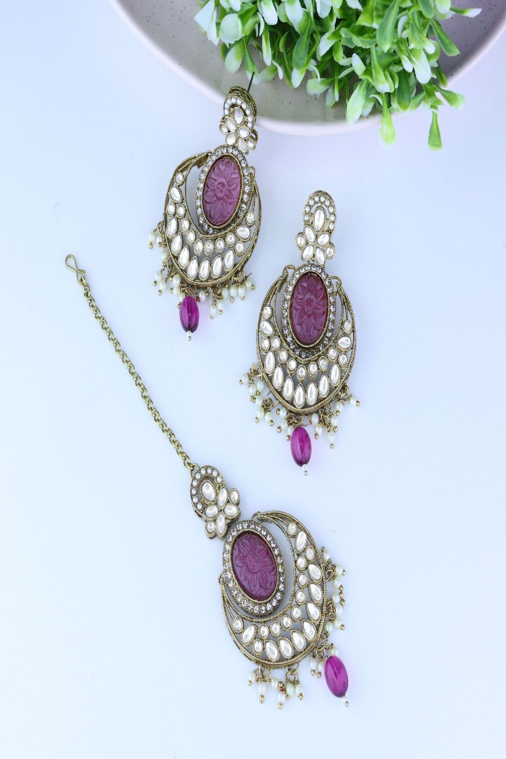 Gold Plated Traditional Pearl Hanging Kundan Stone Chandbali Earring With Maang Tikka