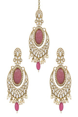 Gold Plated Traditional Pearl Hanging Kundan Stone Chandbali Earring With Maang Tikka