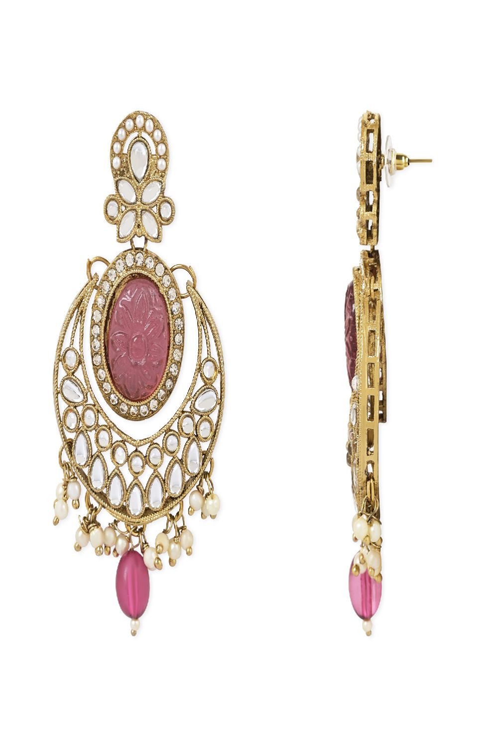 Gold Plated Traditional Pearl Hanging Kundan Stone Chandbali Earring With Maang Tikka