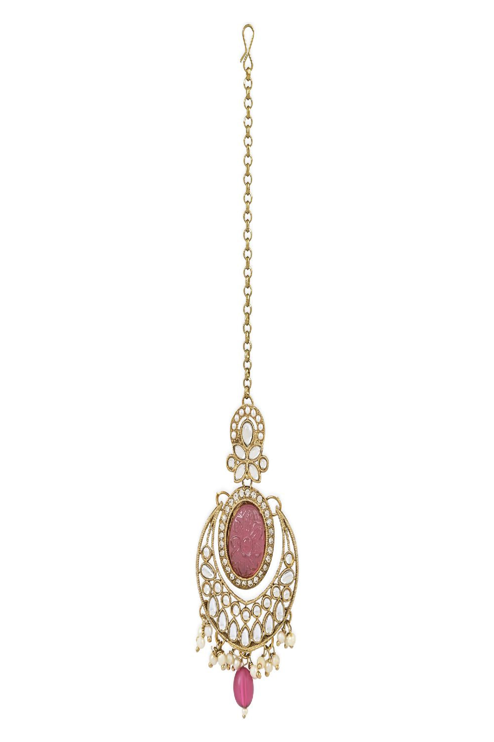 Gold Plated Traditional Pearl Hanging Kundan Stone Chandbali Earring With Maang Tikka