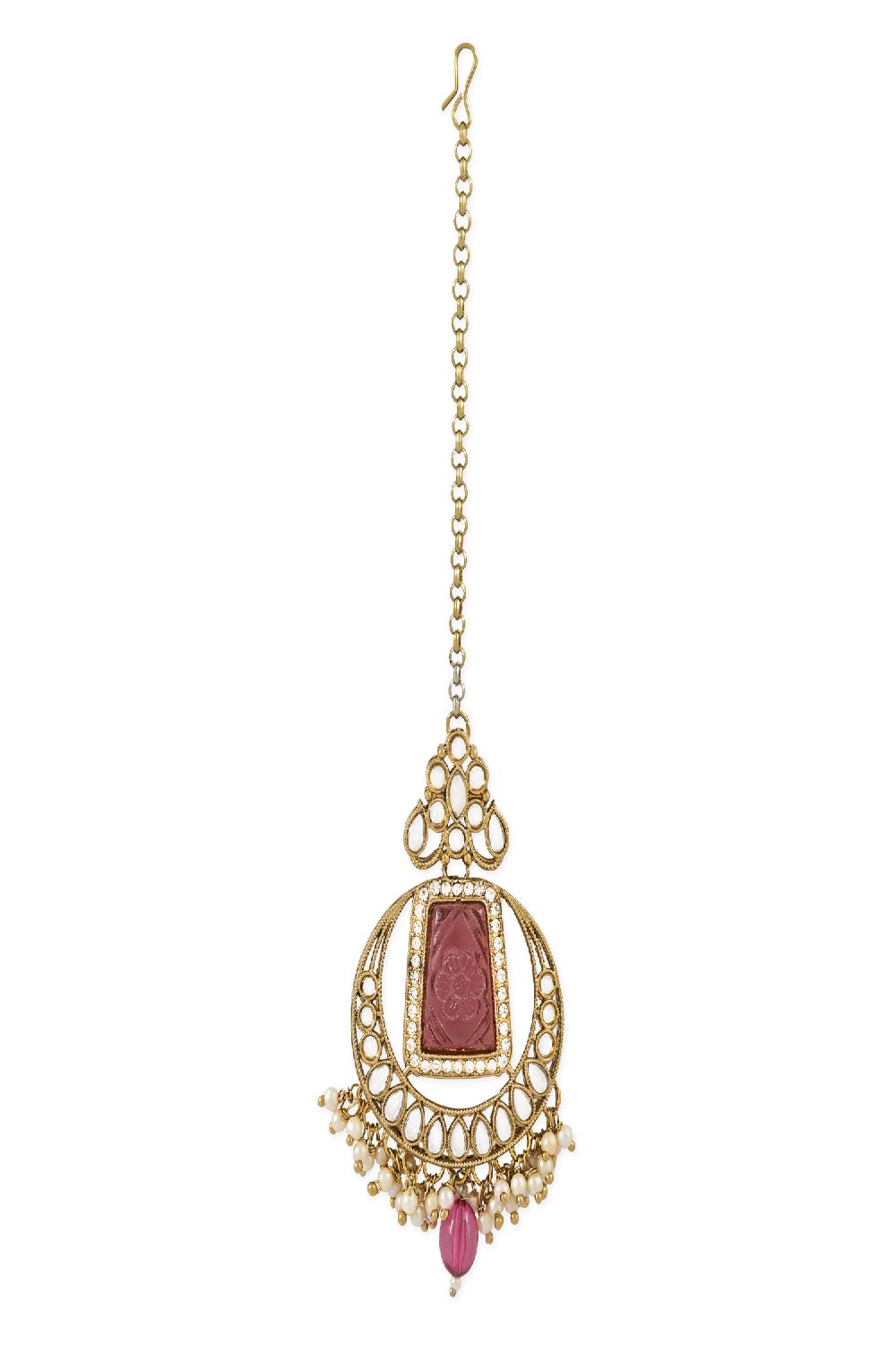Gold Plated Traditional Pearl Hanging Kundan Stone Chandbali Earring With Maang Tikka