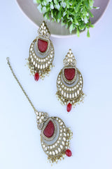 Gold Plated Traditional Pearl Hanging Kundan Stone Chandbali Earring With Maang Tikka