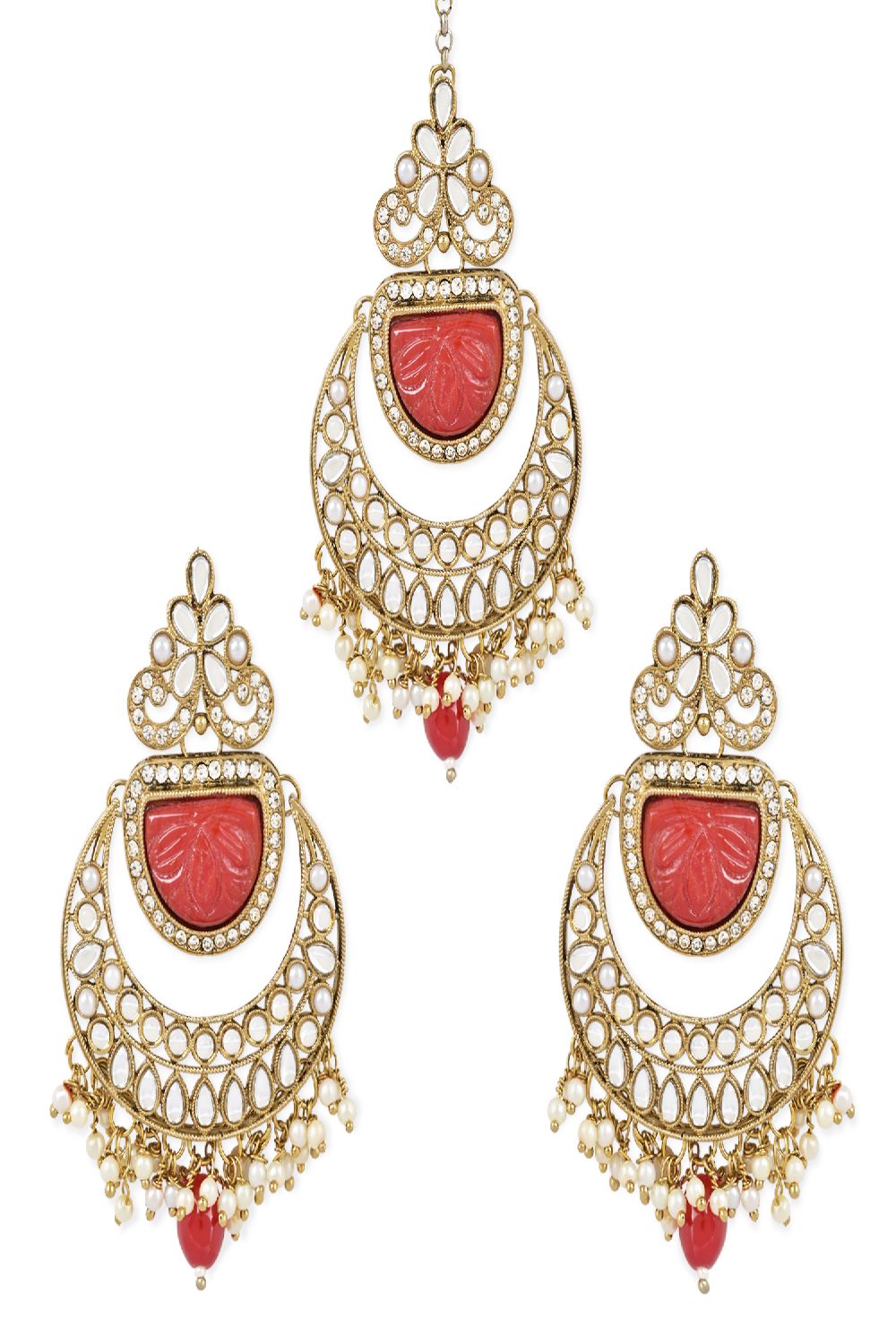 Gold Plated Traditional Pearl Hanging Kundan Stone Chandbali Earring With Maang Tikka