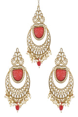 Gold Plated Traditional Pearl Hanging Kundan Stone Chandbali Earring With Maang Tikka