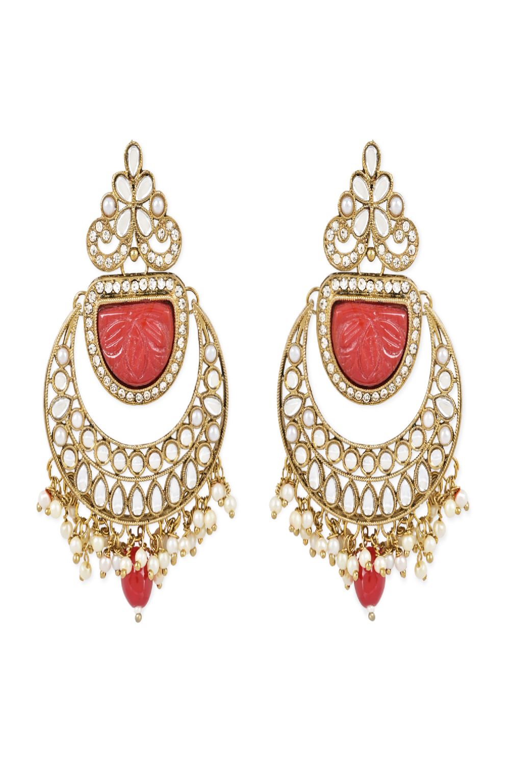 Gold Plated Traditional Pearl Hanging Kundan Stone Chandbali Earring With Maang Tikka