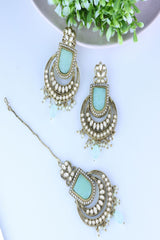 Gold Plated Traditional Kundan Pearl with Meena Work Chandbali Earrings with Maang Tikka Set