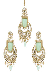 Gold Plated Traditional Kundan Pearl with Meena Work Chandbali Earrings with Maang Tikka Set