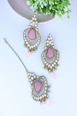 Gold Plated Traditional Pearl Hanging Kundan Stone Chandbali Earring With Maang Tikka