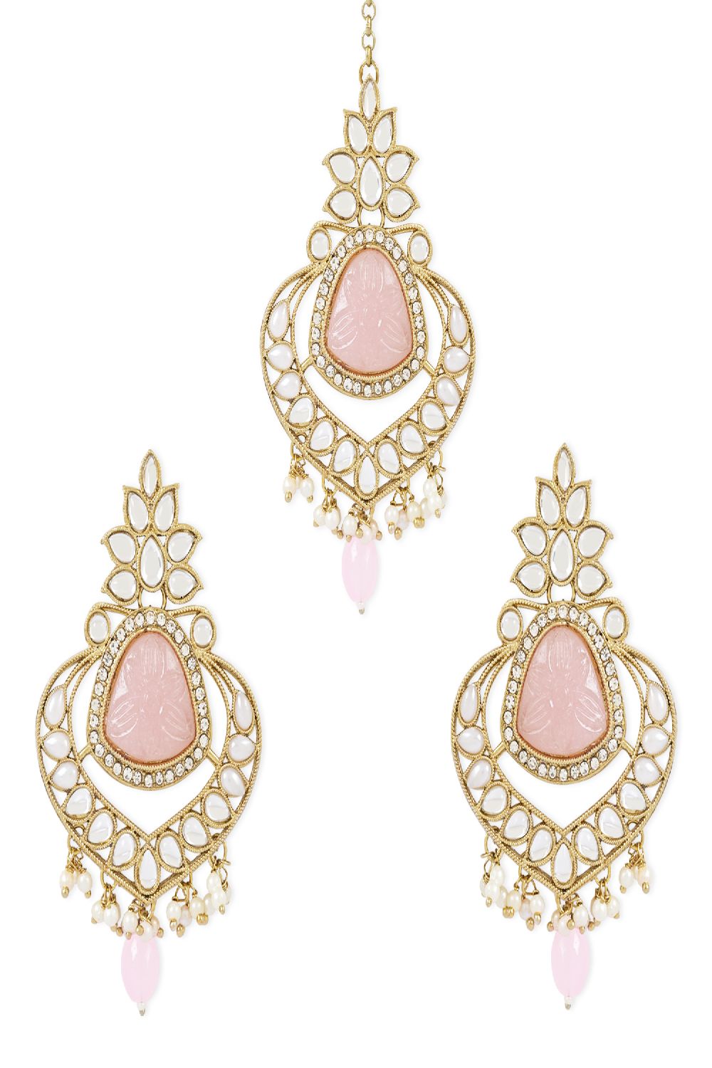 Gold Plated Traditional Pearl Hanging Kundan Stone Chandbali Earring With Maang Tikka