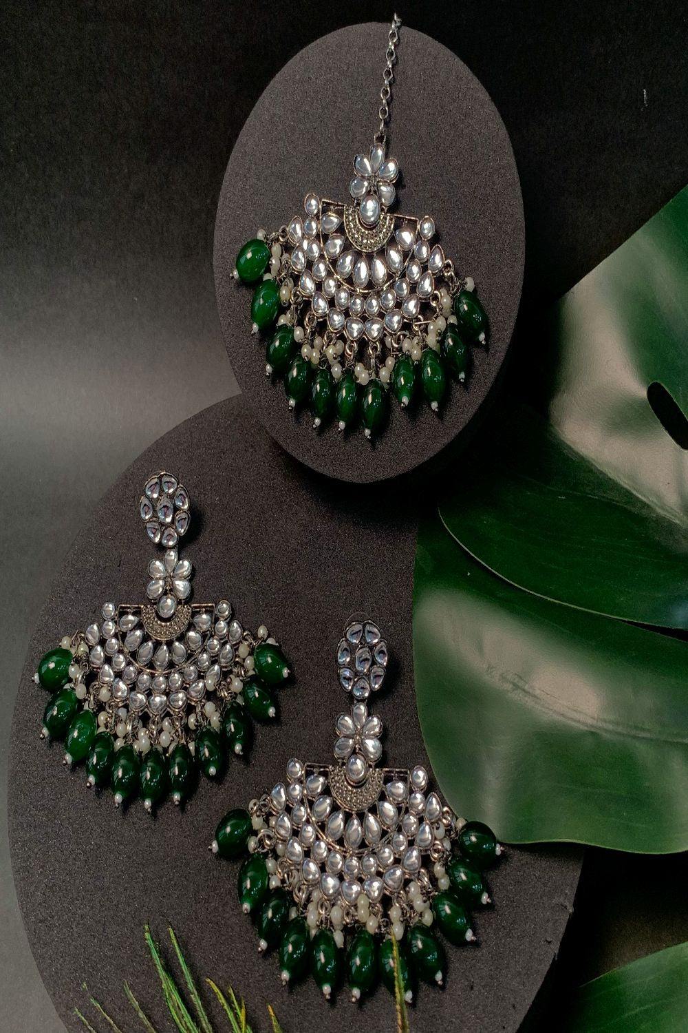 Silver Oxidized Kundan Pearl Chandbali Earrings With Maang Tikka Set