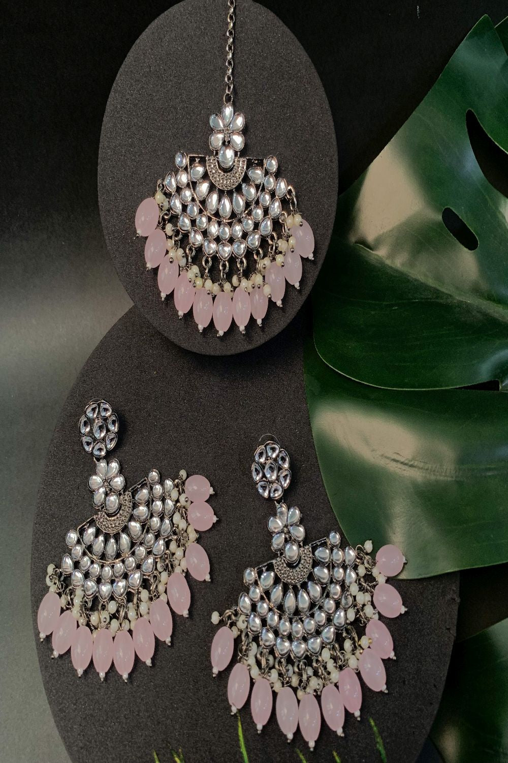 Silver Oxidised Kundan Pearl Chandbali Earrings With Maang Tikka Set