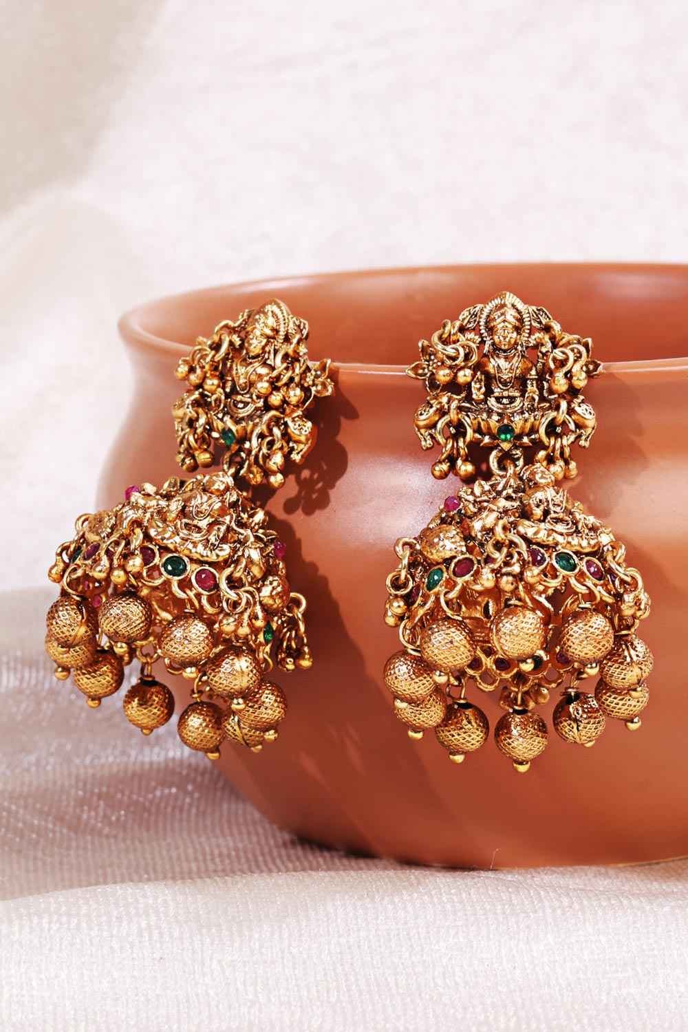 Gold Plated Antique South Indian Kempstone Studded Earrings