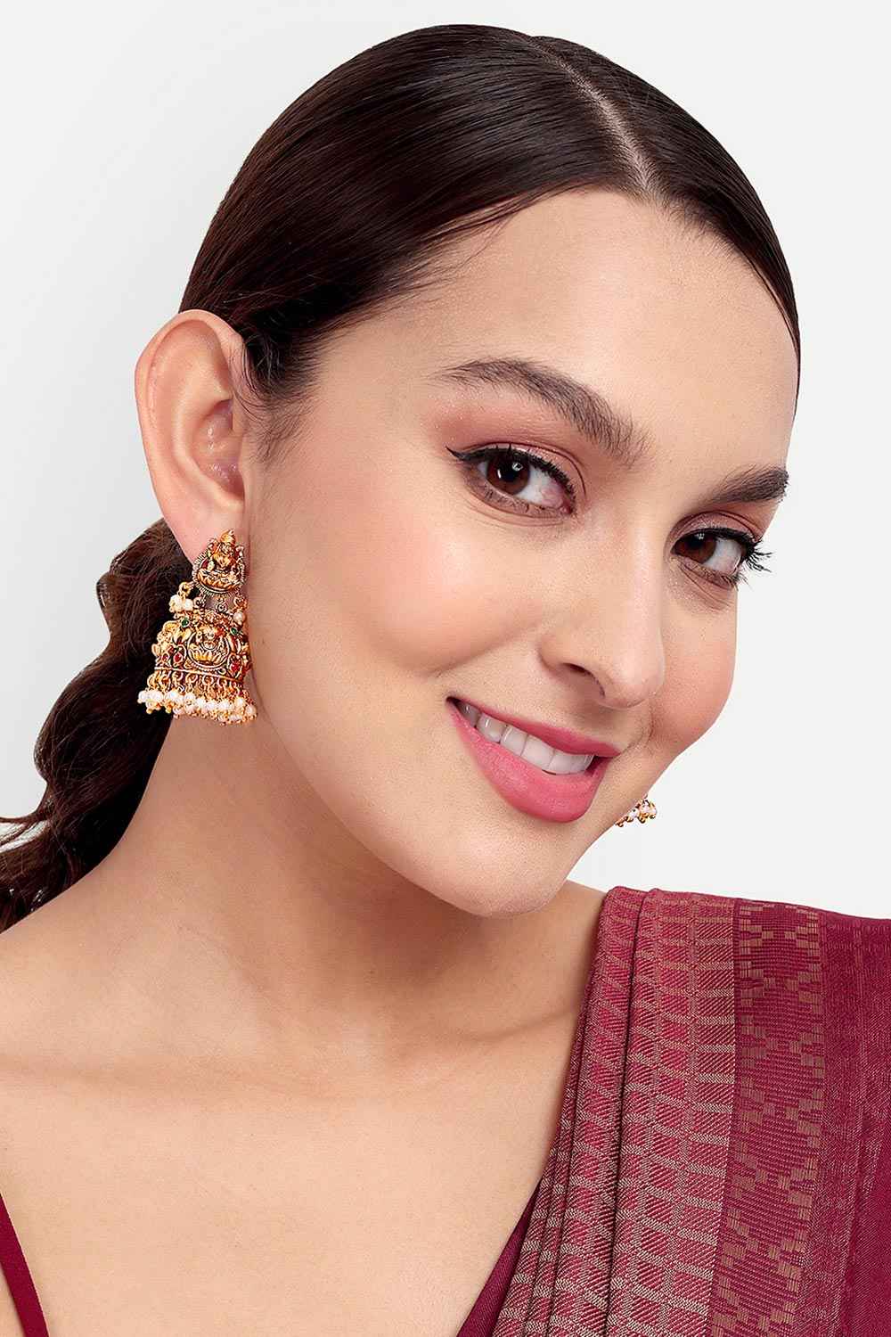 Gold Plated Antique South Indian Kempstone Studded Earrings