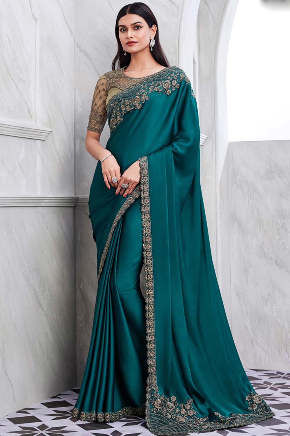 Green Walnut Silk Heavy Embroidered Saree