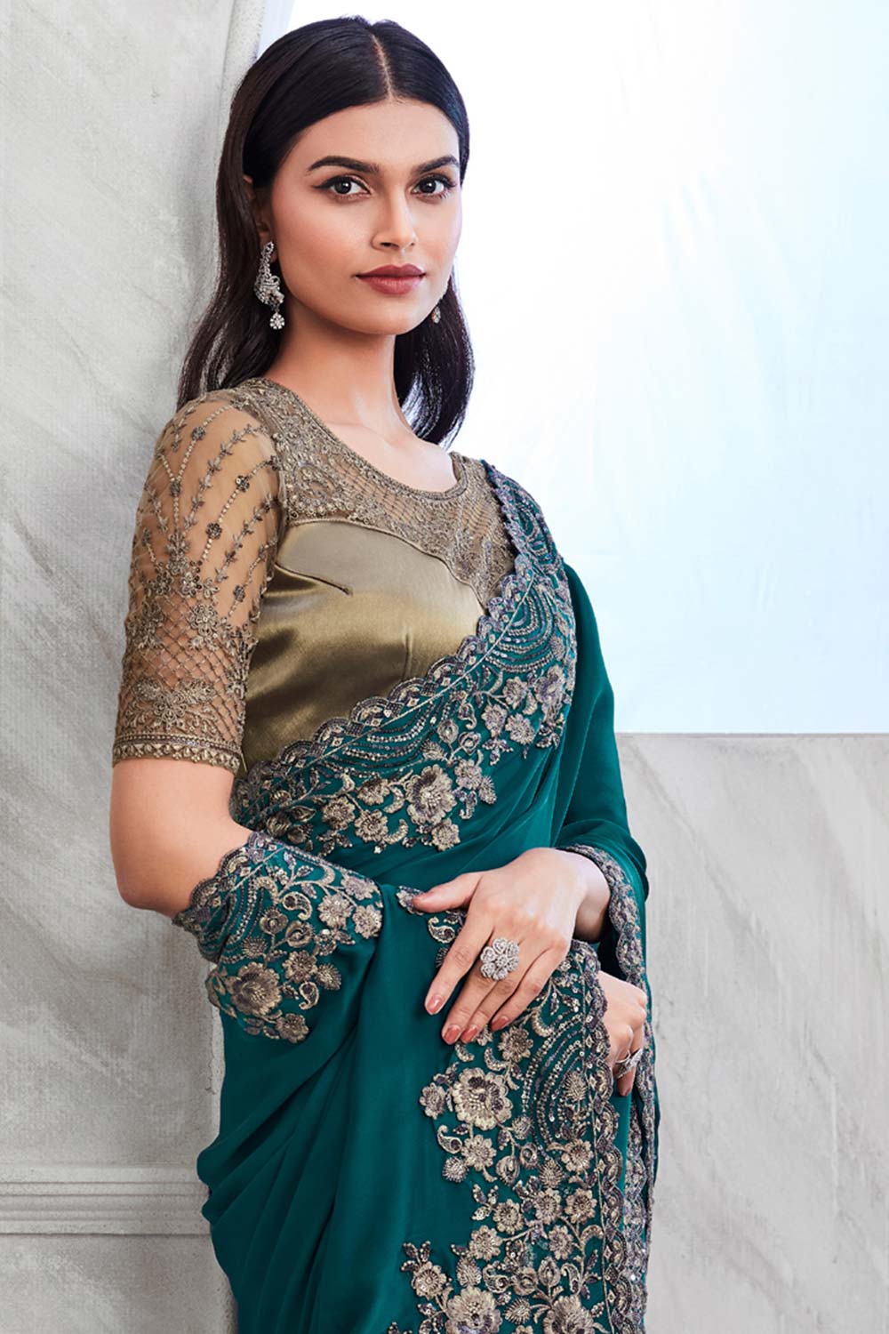 Green Walnut Silk Heavy Embroidered Saree