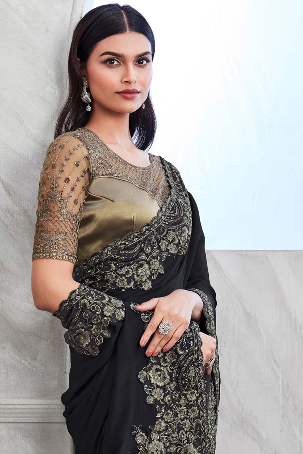 Black Walnut Silk Heavy Embroidered Saree