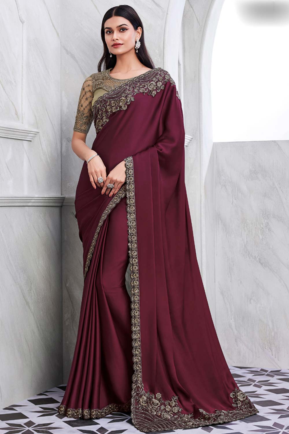 Maroon Walnut Silk Heavy Embroidered Saree