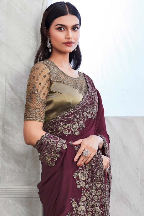 Maroon Walnut Silk Heavy Embroidered Saree