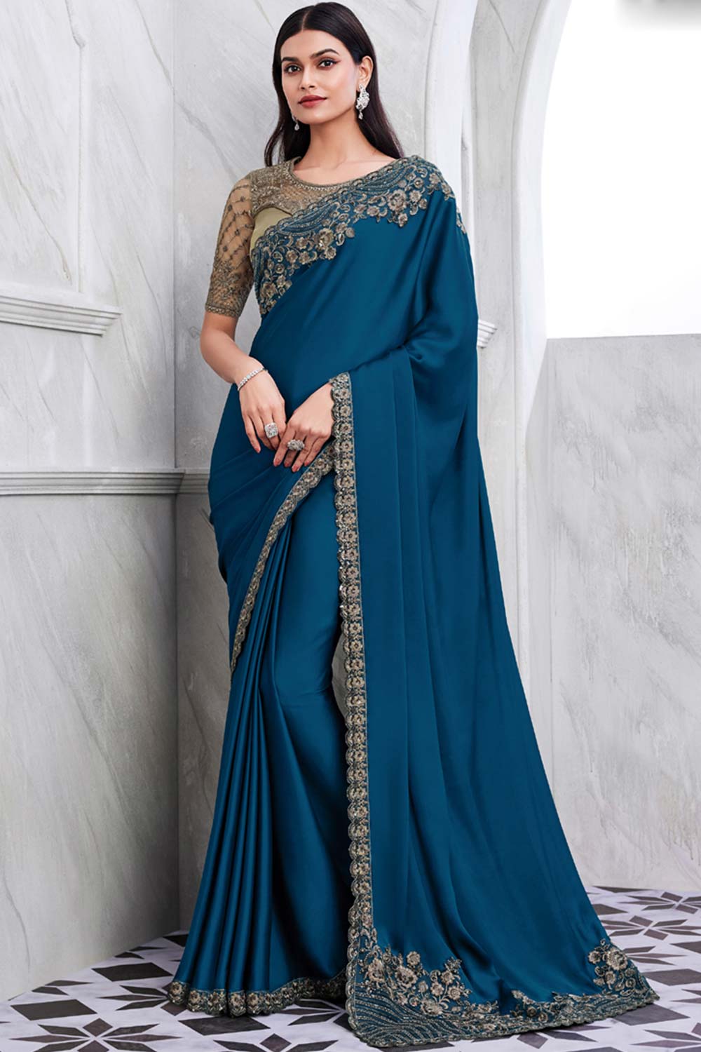 Blue Walnut Silk Heavy Embroidered Saree