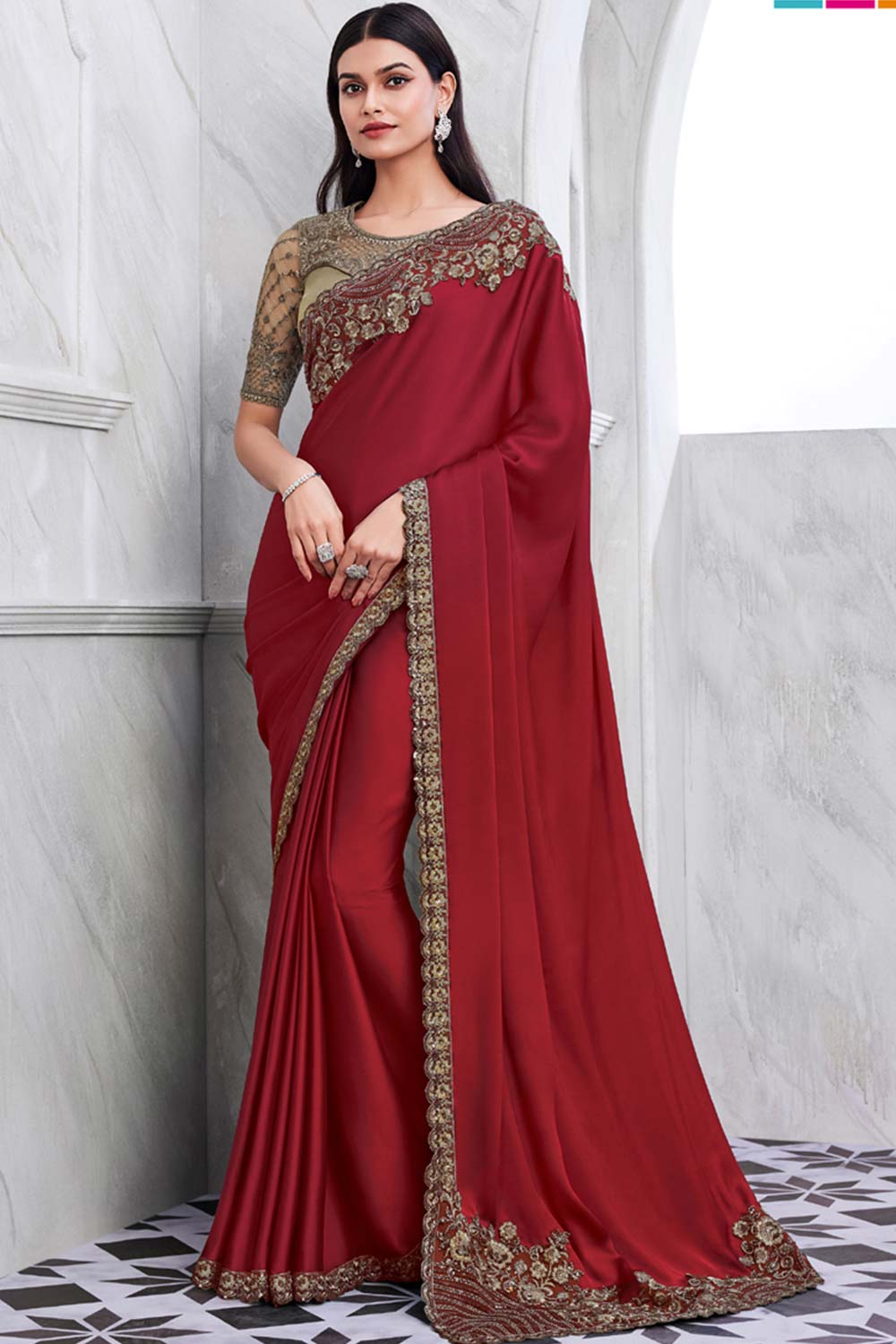 Red Walnut Silk Heavy Embroidered Saree