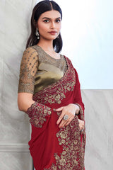 Red Walnut Silk Heavy Embroidered Saree