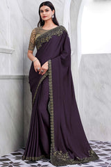 Violet Walnut Silk Heavy Embroidered Saree