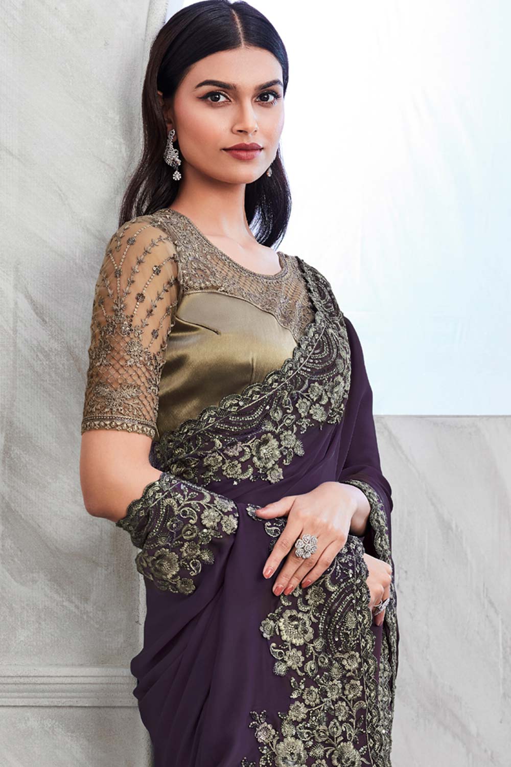 Violet Walnut Silk Heavy Embroidered Saree