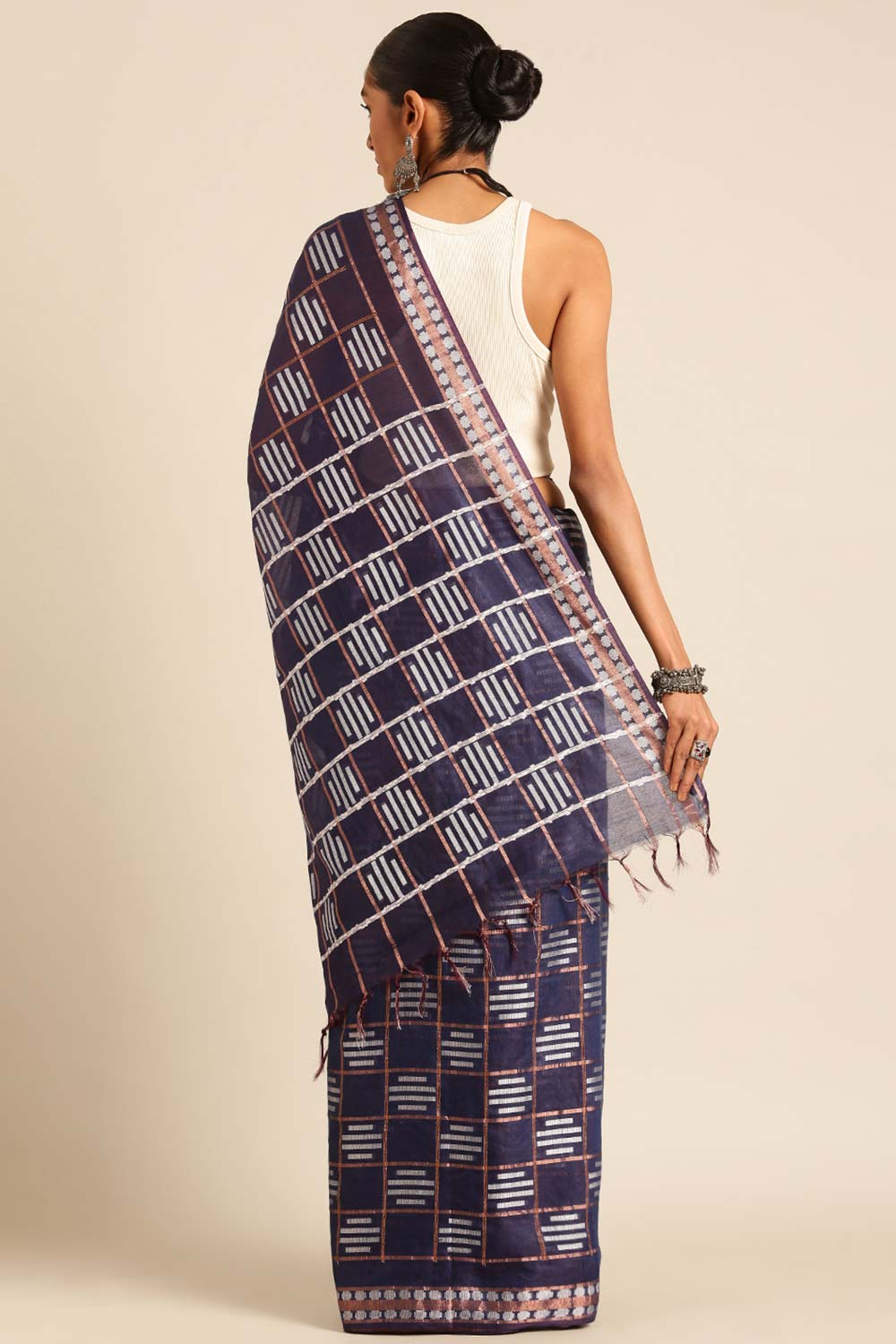 Navy Blue Silk Blend Woven Saree