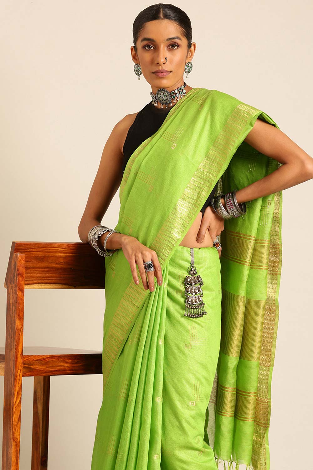 Green Silk Blend Woven Saree